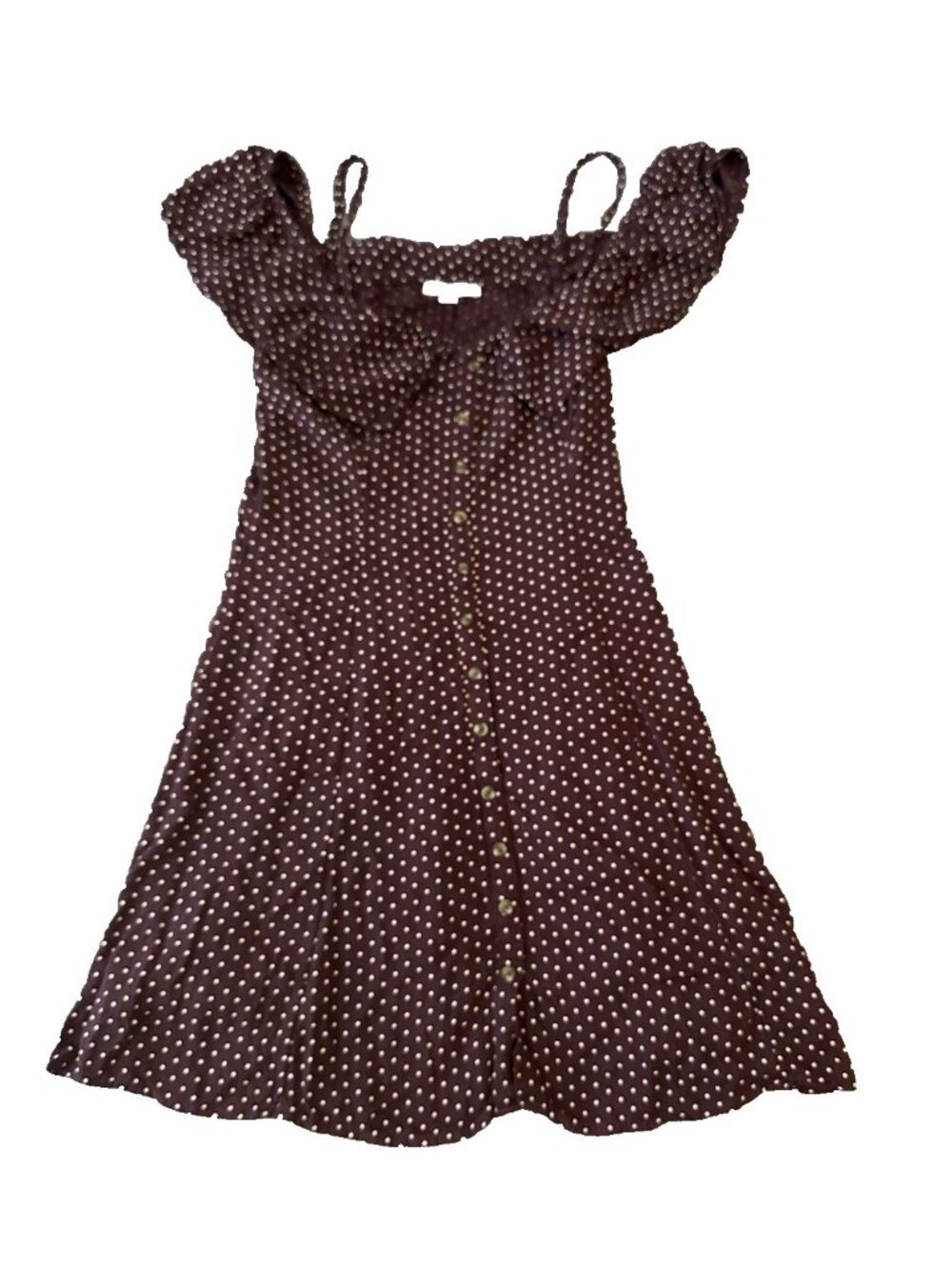 American Eagle Polka Dot Midi Dress 6 Burgundy Puff Sleeve Cottagecore Milkmaid